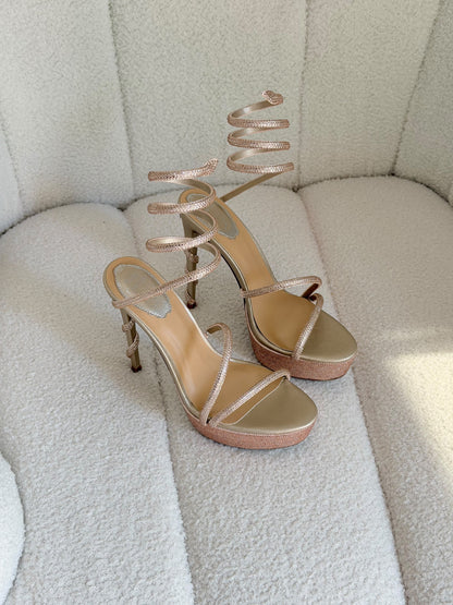 Rene Caovilla Spiral Strap Heels - Beige, Black