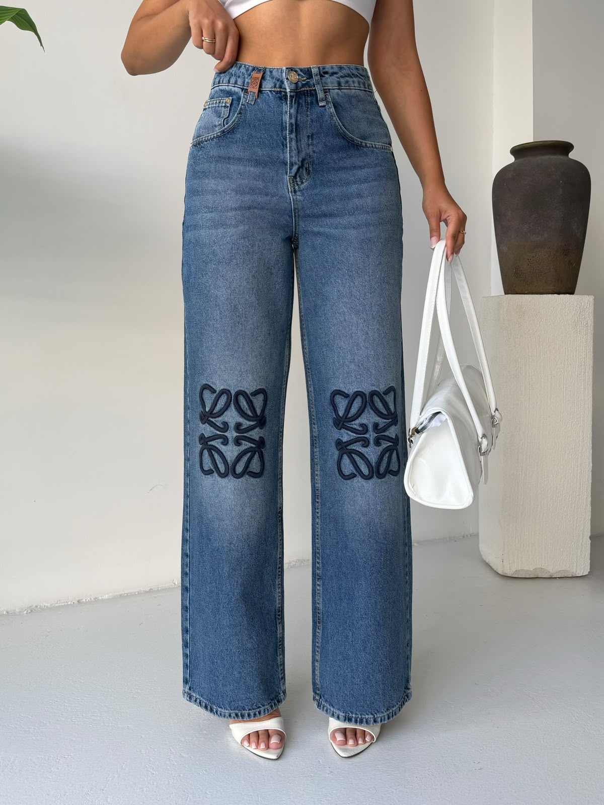 Loewe Embroidered Wide-Leg Jeans Pants - Blue