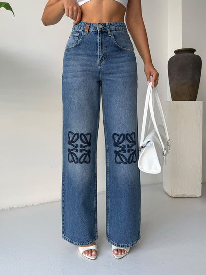 Loewe Embroidered Wide-Leg Jeans Pants - Blue