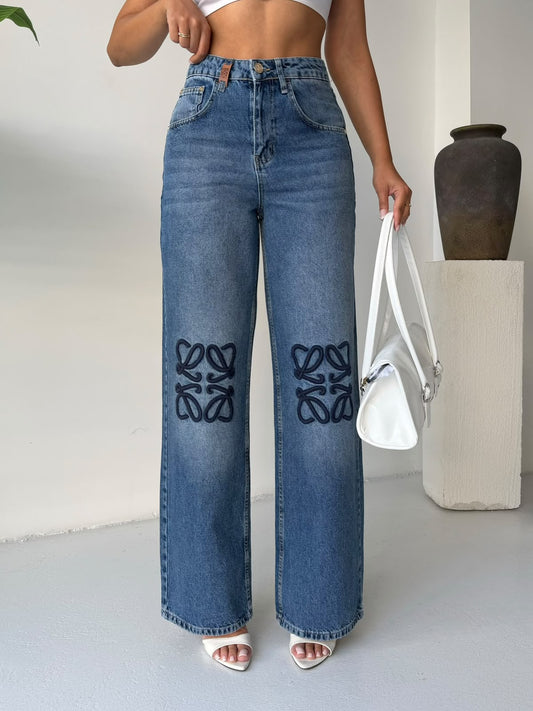 Loewe Embroidered Wide-Leg Jeans Pants - Blue