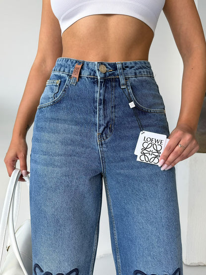 Loewe Embroidered Wide-Leg Jeans Pants - Blue