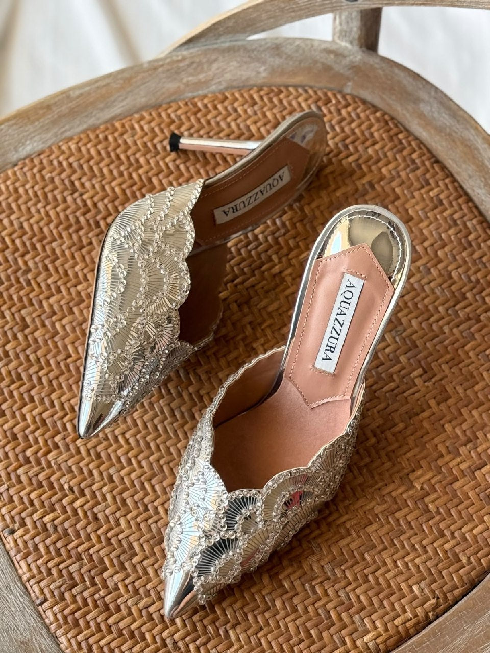 Aquazzura Scalloped Embellished Heels - Silver