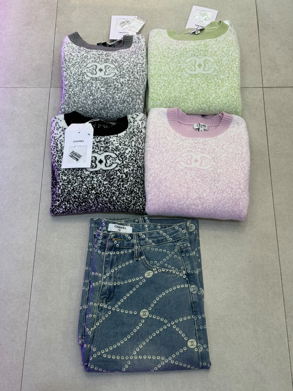 Chanel Speckled Logo Sweater - Grey, Pink, Multi, Green