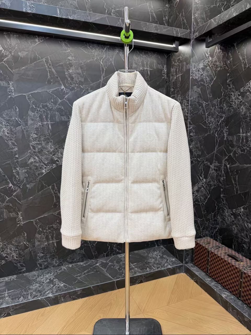 Loro Piana Quilted-Body Knit-Sleeve Jacket - White, Navy, Brown