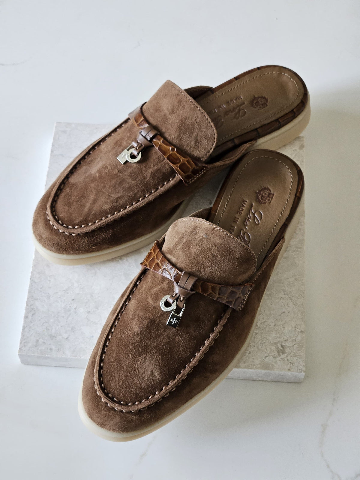 Loro Piana Mule Suede Charm - Brown Embossed