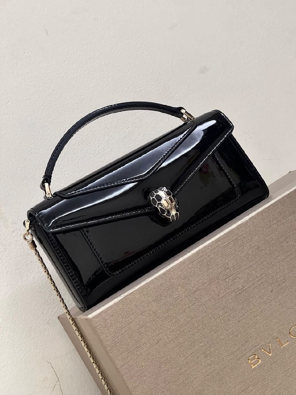 Bulgari Angled-Flap Handbag - Black Snake Print
