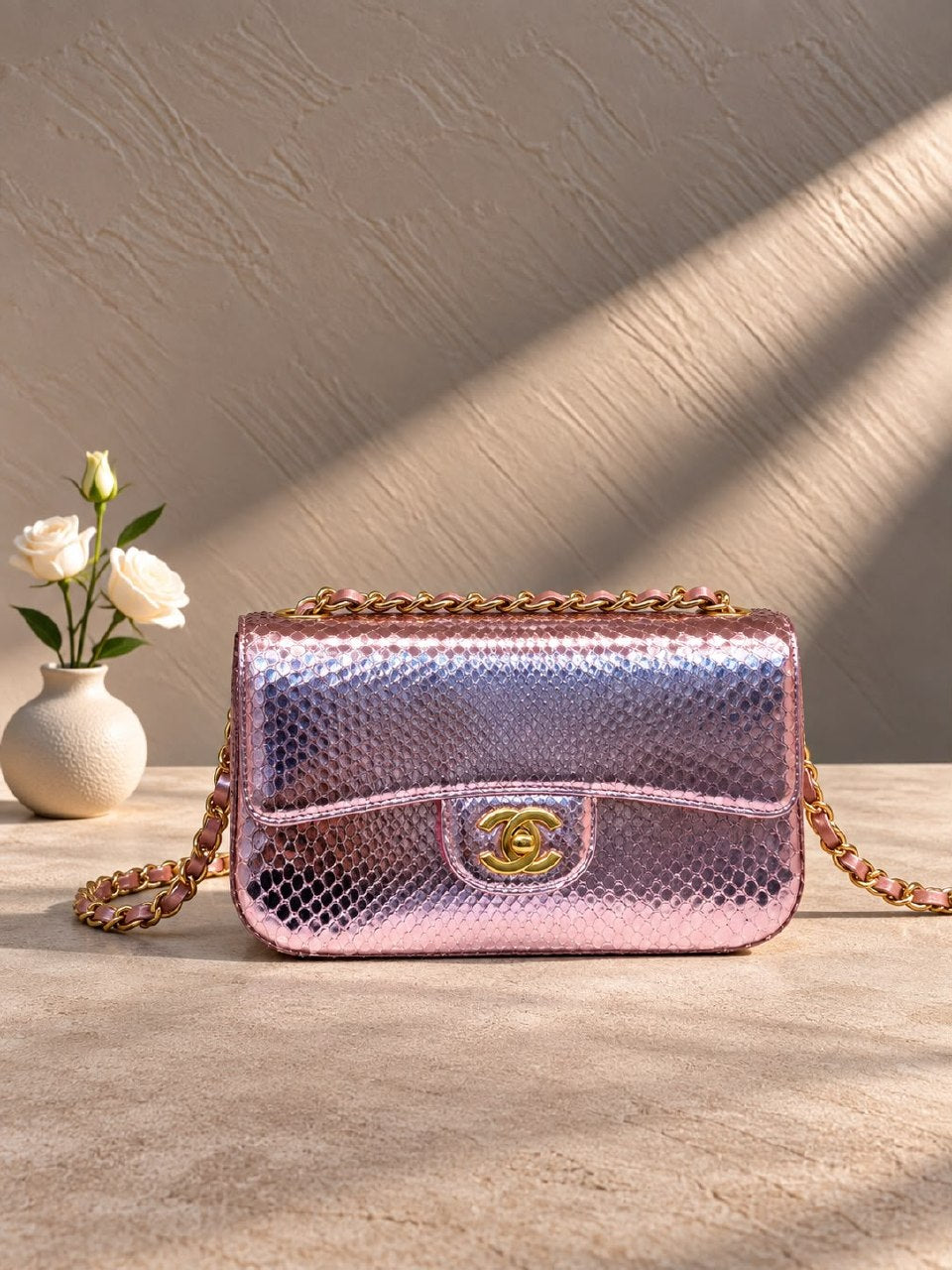 Chanel Snake-Scale Flap Shoulder Bag - Pink Metallic Snake Print