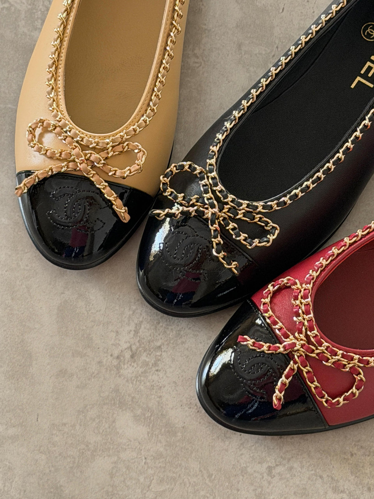 Chanel Chain-Trim Ballerina - Red & Black, Beige & Black, Black, Beige, Red