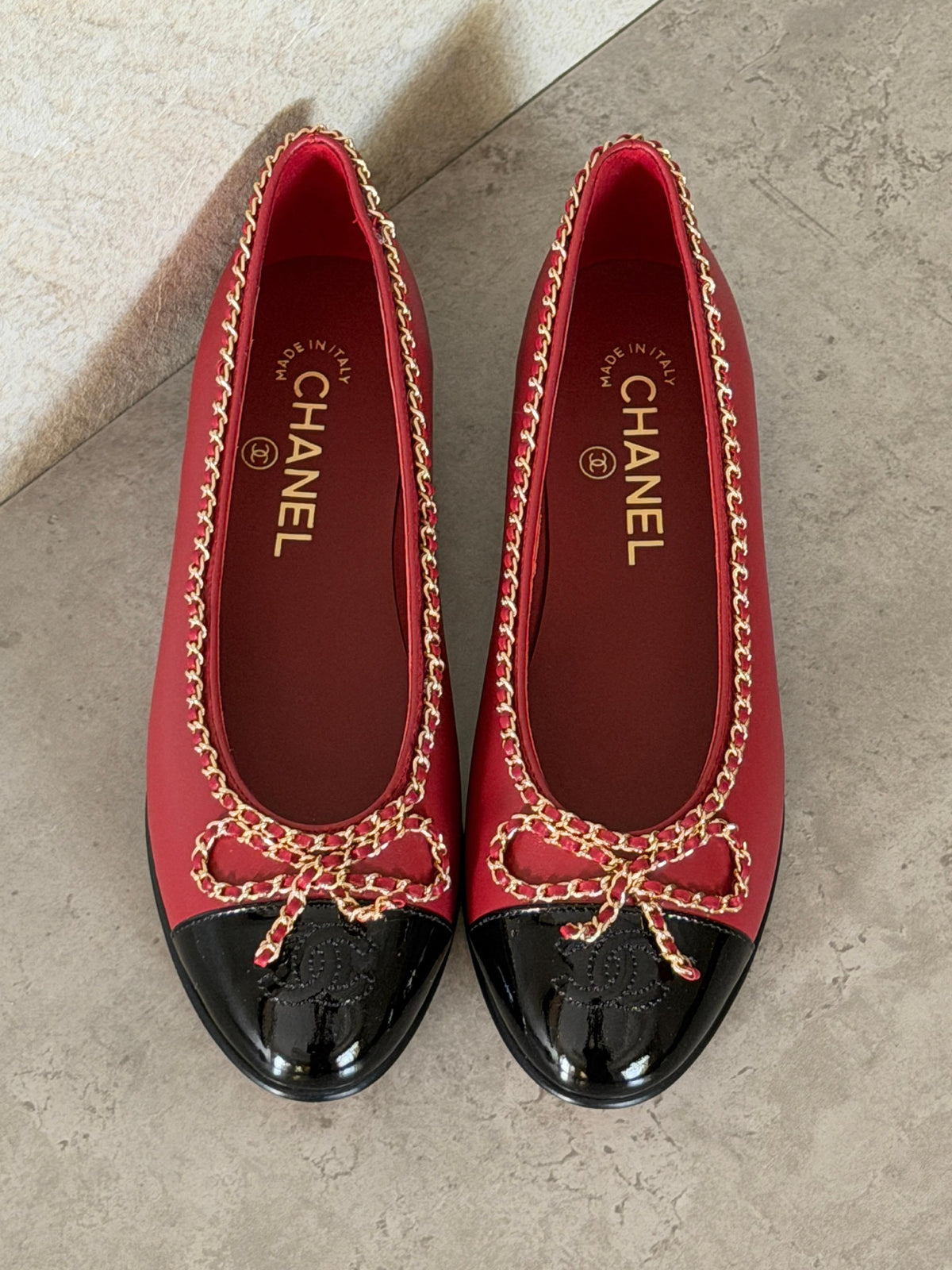 Chanel Chain-Trim Ballerina - Red & Black, Beige & Black, Black, Beige, Red