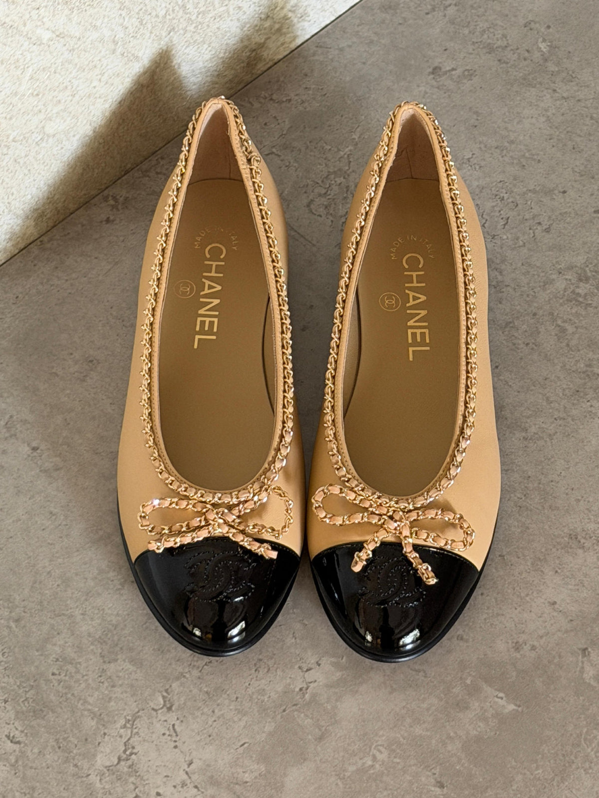 Chanel Chain-Trim Ballerina - Red & Black, Beige & Black, Black, Beige, Red