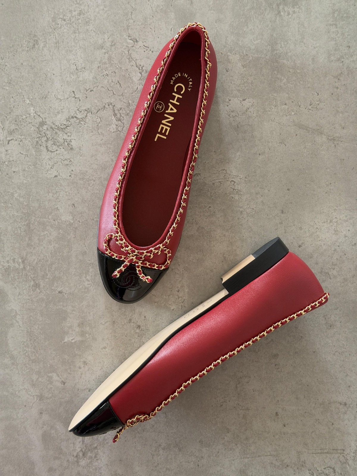 Chanel Chain-Trim Ballerina - Red & Black, Beige & Black, Black, Beige, Red