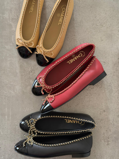 Chanel Chain-Trim Ballerina - Red & Black, Beige & Black, Black, Beige, Red