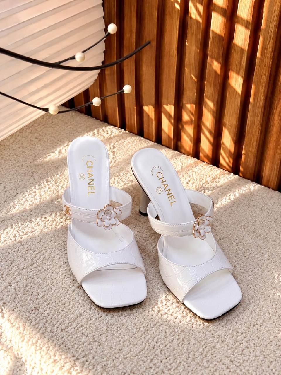 Chanel Flower Strap Block Heels - White Embossed