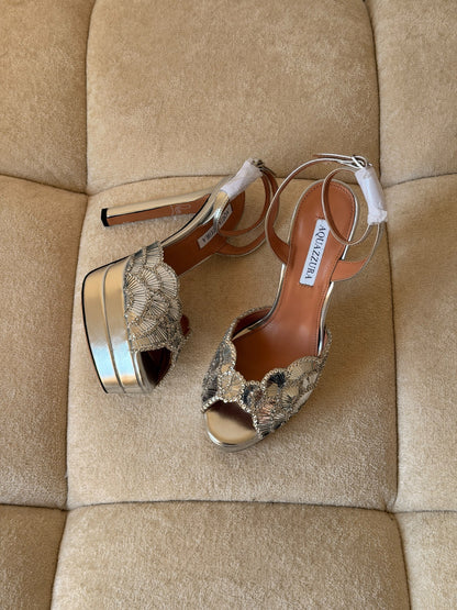 Aquazzura Fan-Detail Heels - Beige, Silver