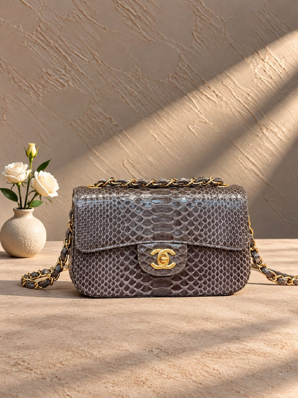 Chanel Snake-Scale Flap Shoulder Bag - Grey Snake Print