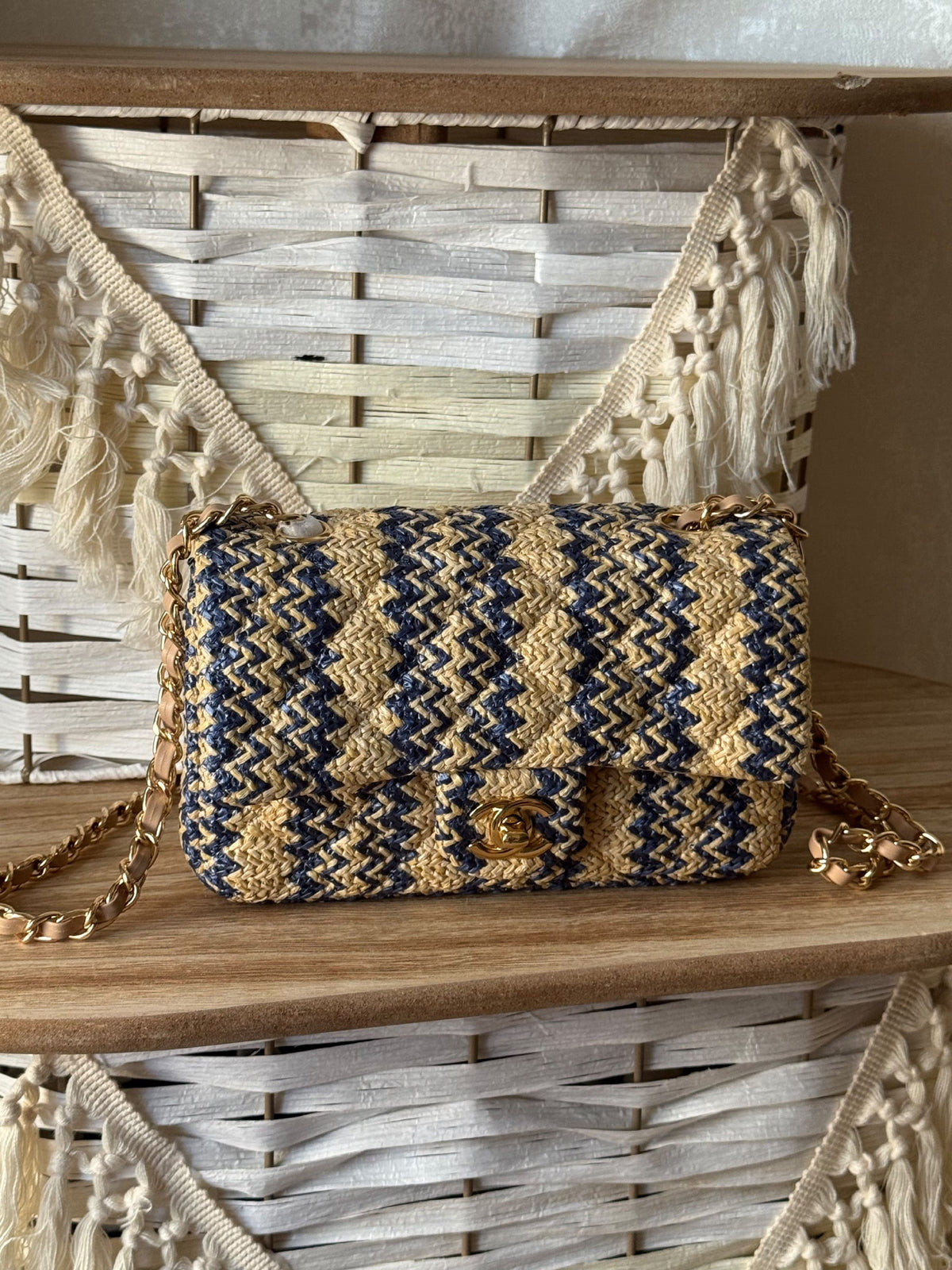 Chanel Chevron-Pattern Shoulder Bag - Navy