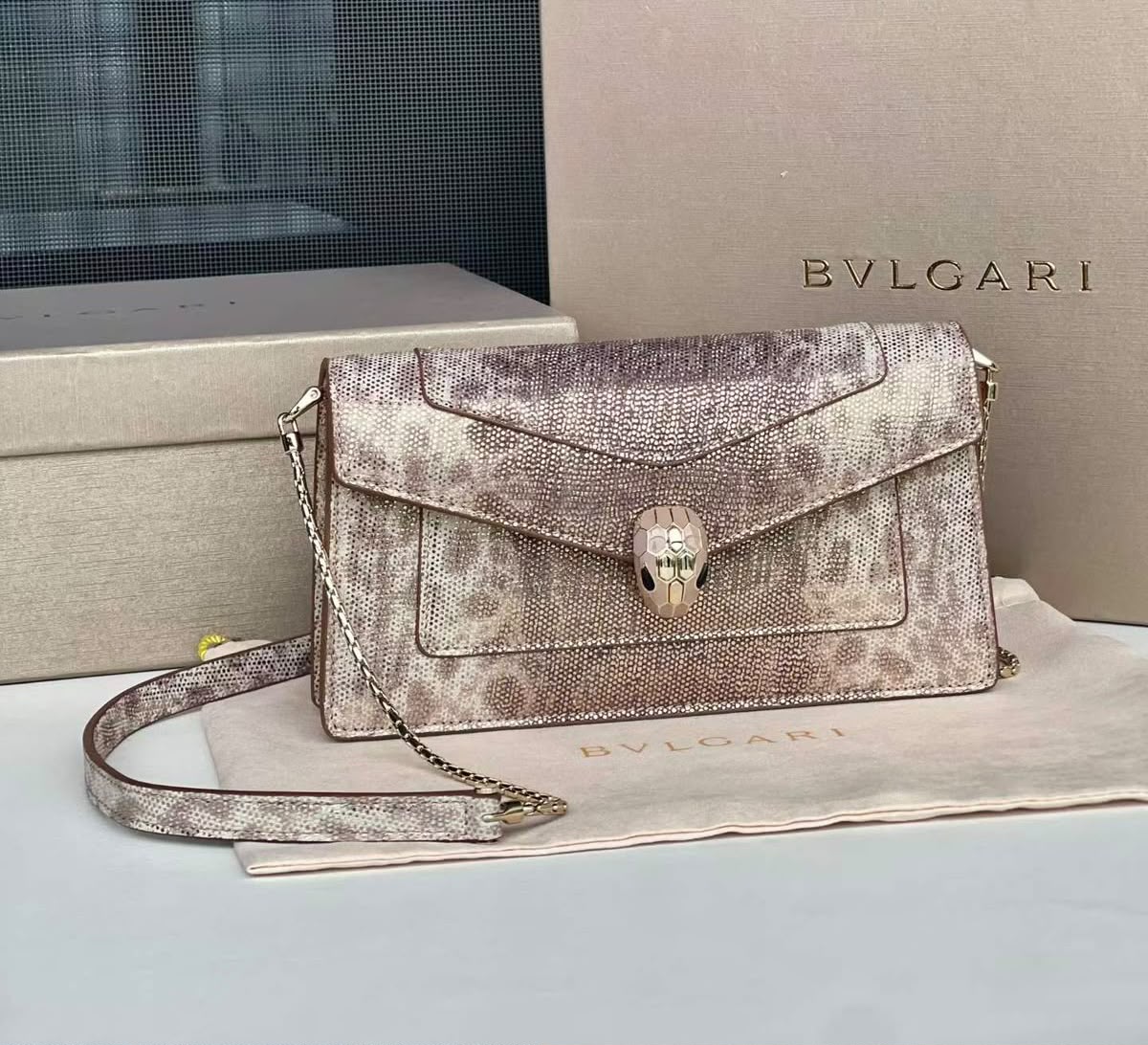 Bulgari Flap Shoulder Bag - Beige Snake Print
