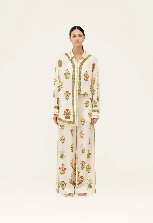 Agua Bendita Floral Border Pants Set - White