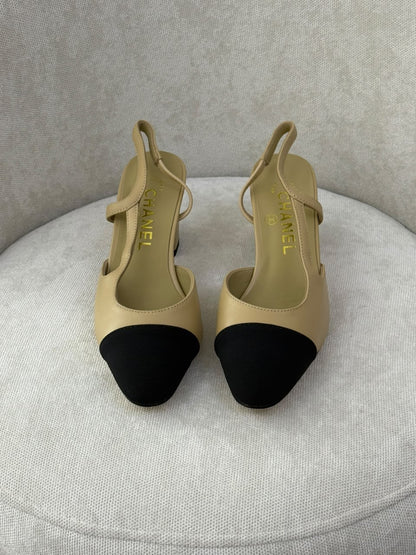Chanel Slingback Heels - Beige & Black