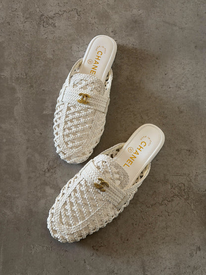 Chanel Braided Strap Mules - White