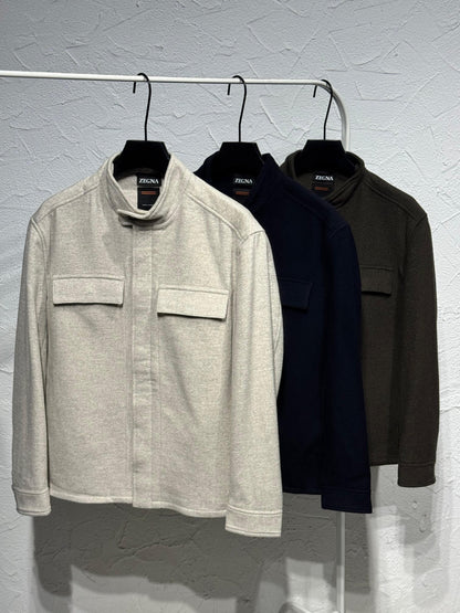 Zegna High-Collar Pocket Jacket - Beige, Brown, Navy