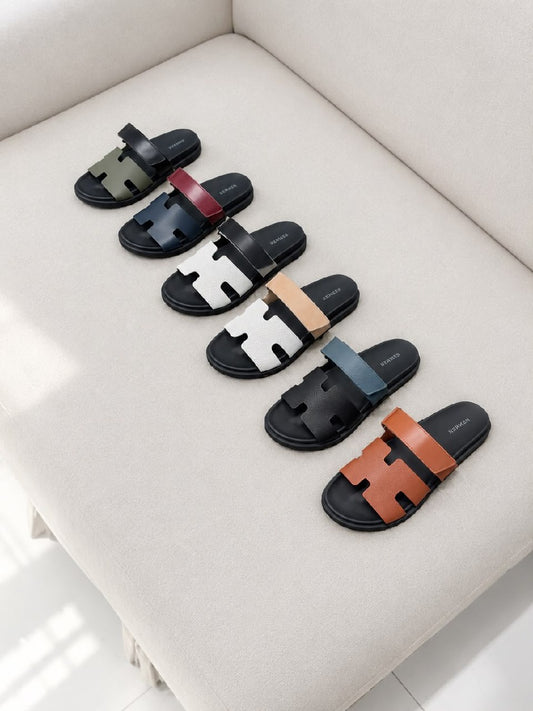 Hermès Chypre Slippers - Beige & White, Black & White, Green & Black, Black & Blue, Burgundy & Navy, Orange, Beige, White, Black, Green, Burgundy, Navy, Blue