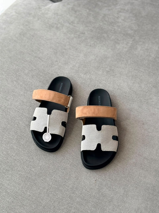 Hermès Chypre Slippers - Beige & White, Black & White, Green & Black, Black & Blue, Burgundy & Navy, Orange, Beige, White, Black, Green, Burgundy, Navy, Blue