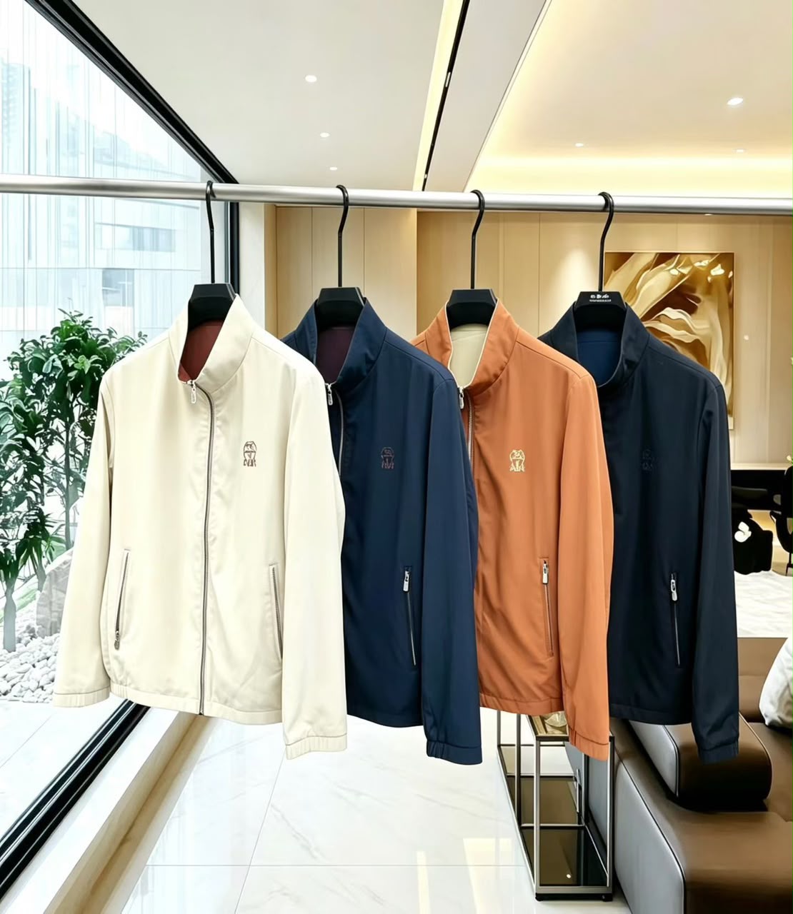 Brunello Cucinelli Stand-Collar Zip Jacket - White, Navy, Beige, Black