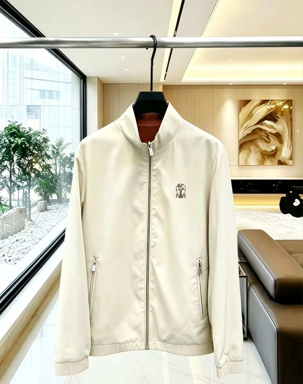 Brunello Cucinelli Stand-Collar Zip Jacket - White, Navy, Beige, Black