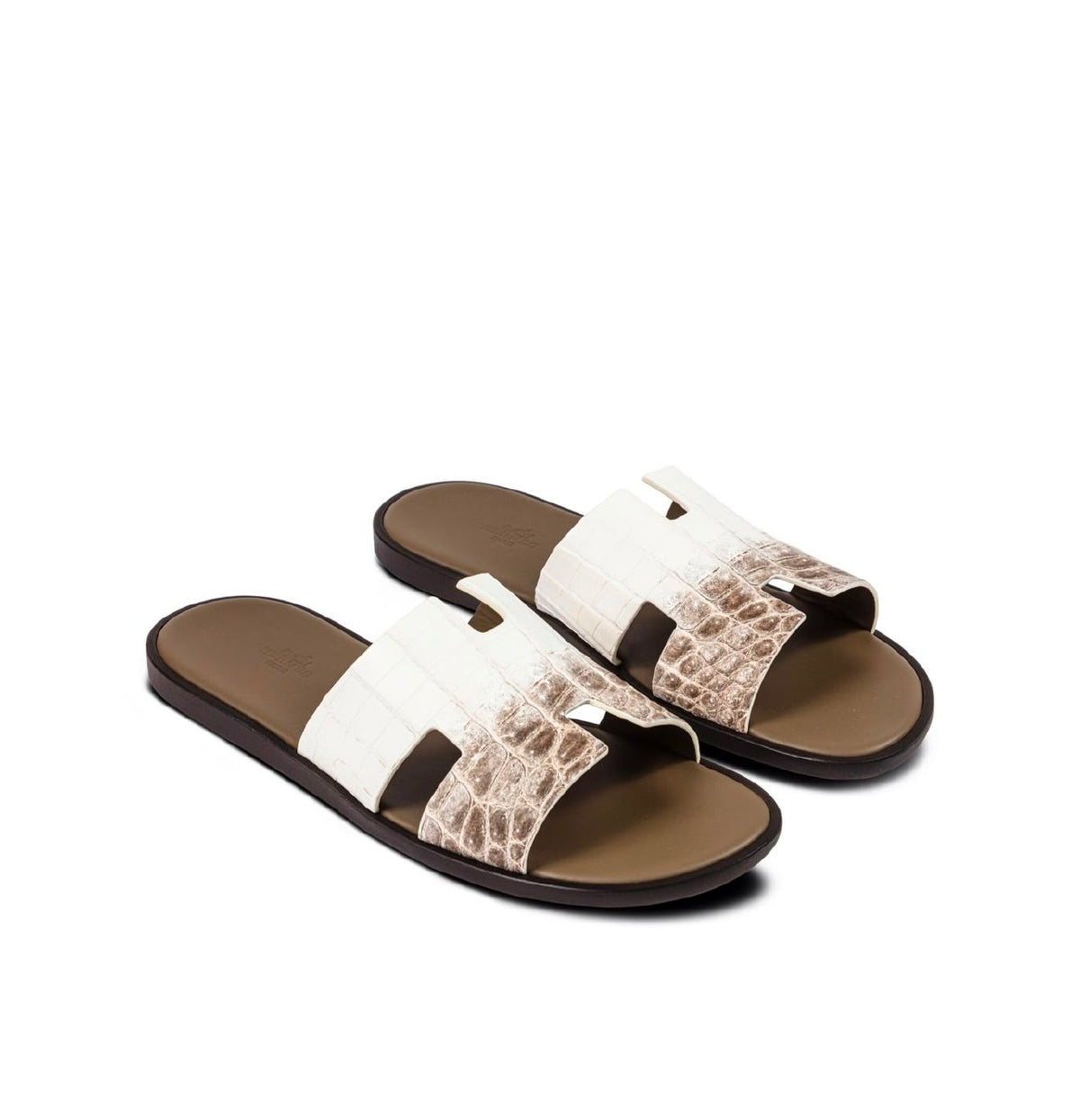 Hermes Slippers - White & Brown Embossed