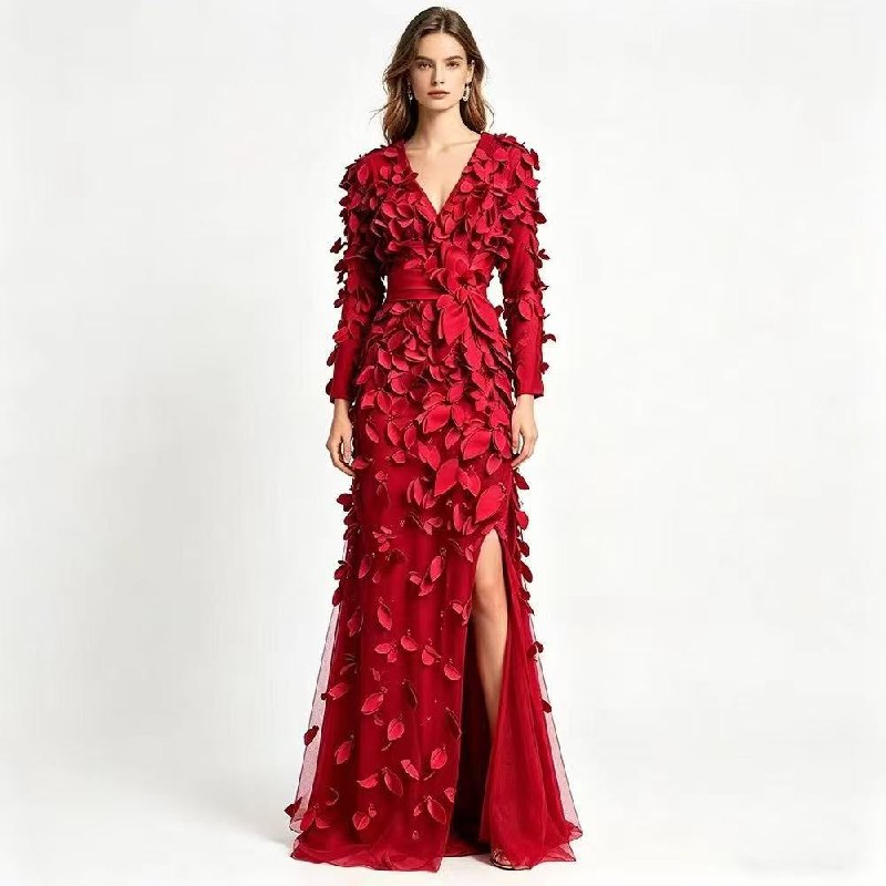 Hervé Léger V-Neck Slit Dress - Red