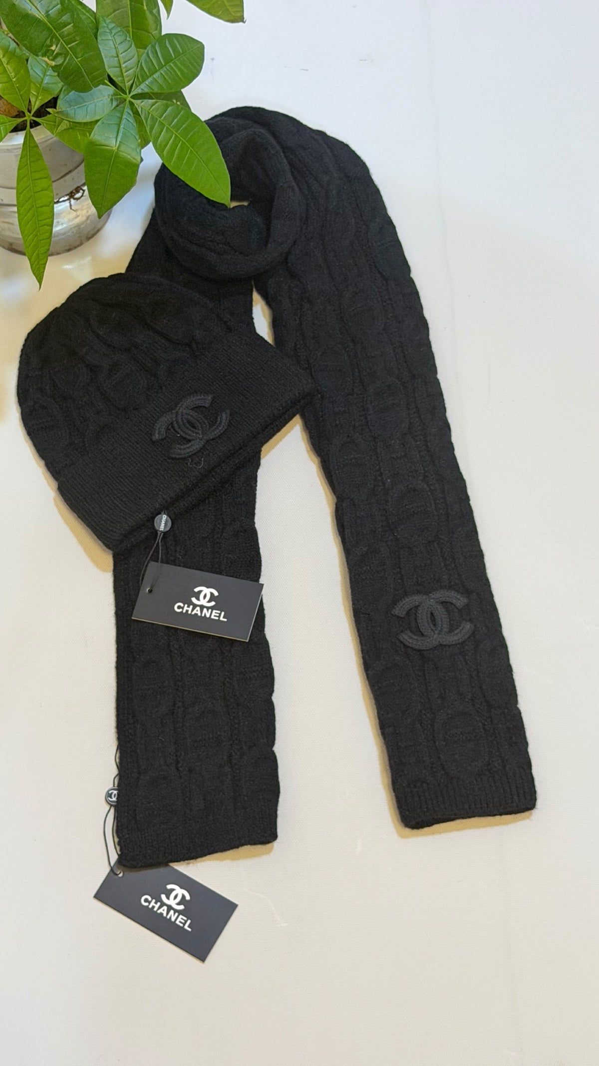 Chanel Cable Knit Scarf & Beanie - Black