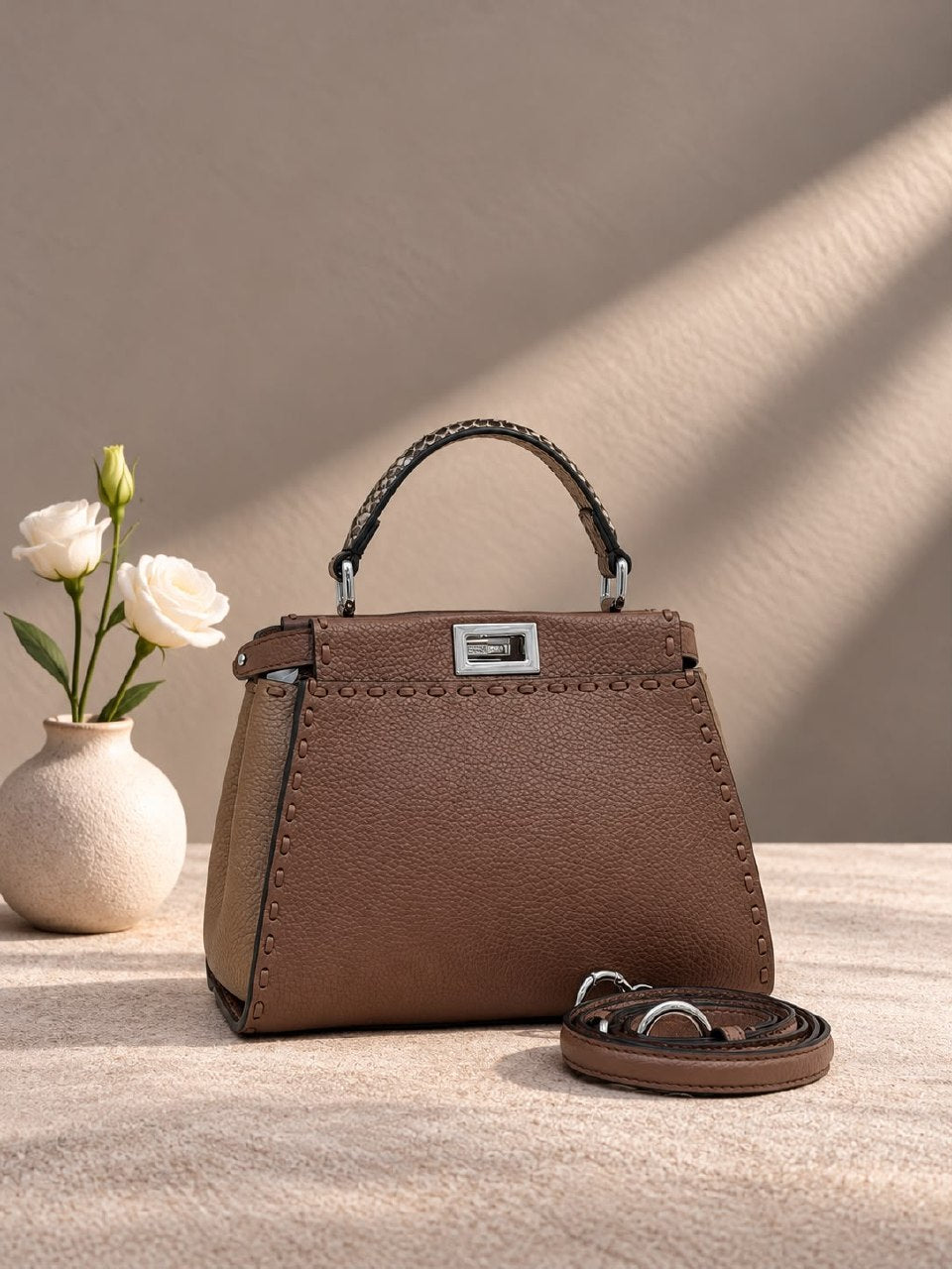 Fendi Stitched-Panel Handbag - Brown