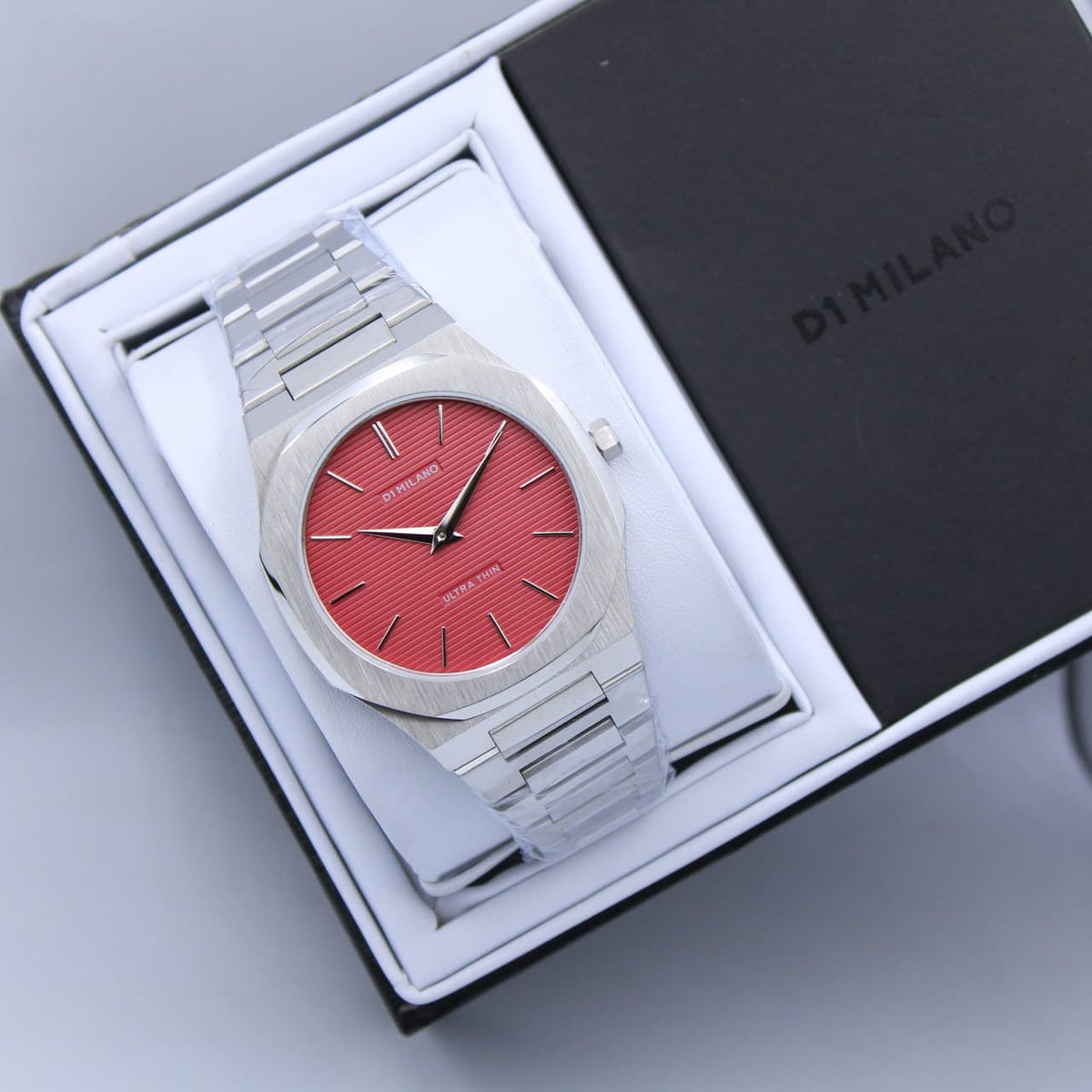 D1 Milano Watch Silver Red Sunray Dial - 