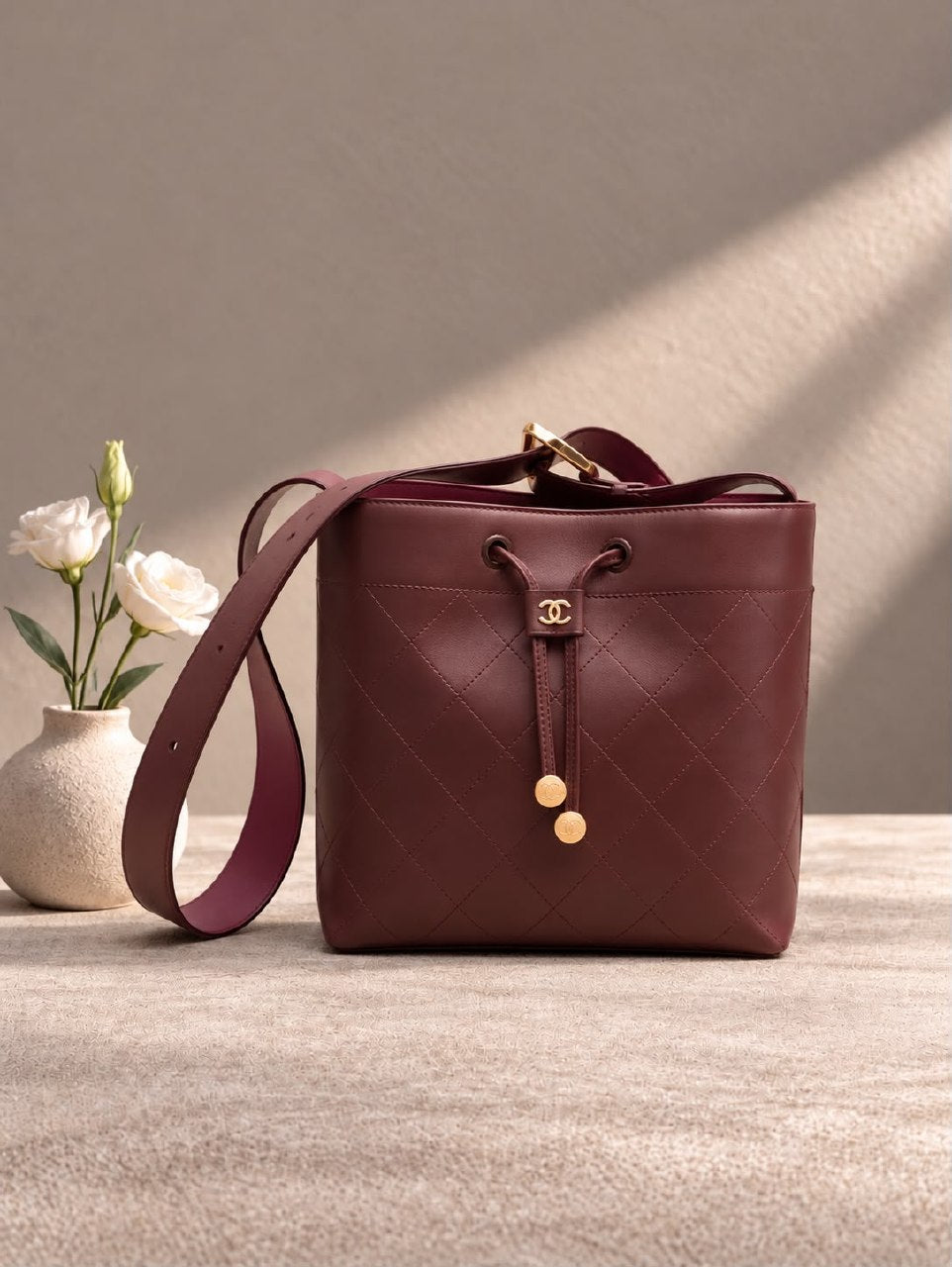 Chanel Drawstring Bucket Shoulder Bag - Burgundy