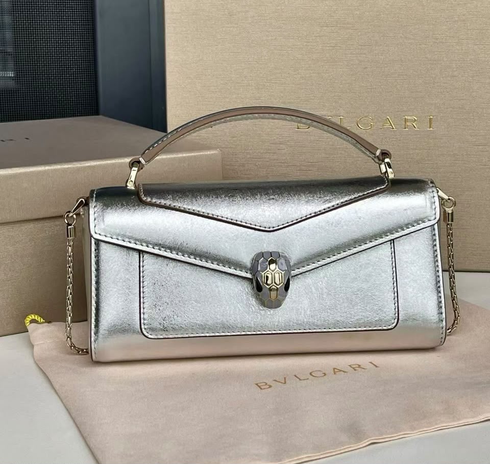 Bulgari Layered-Flap Handbag - Silver Snake Print