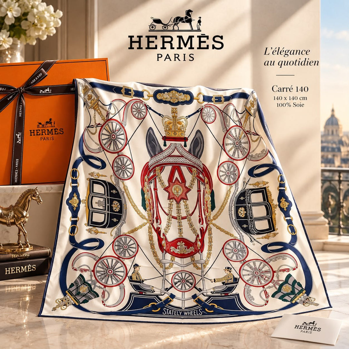 Hermès Scarf Stately Wheels Print - White