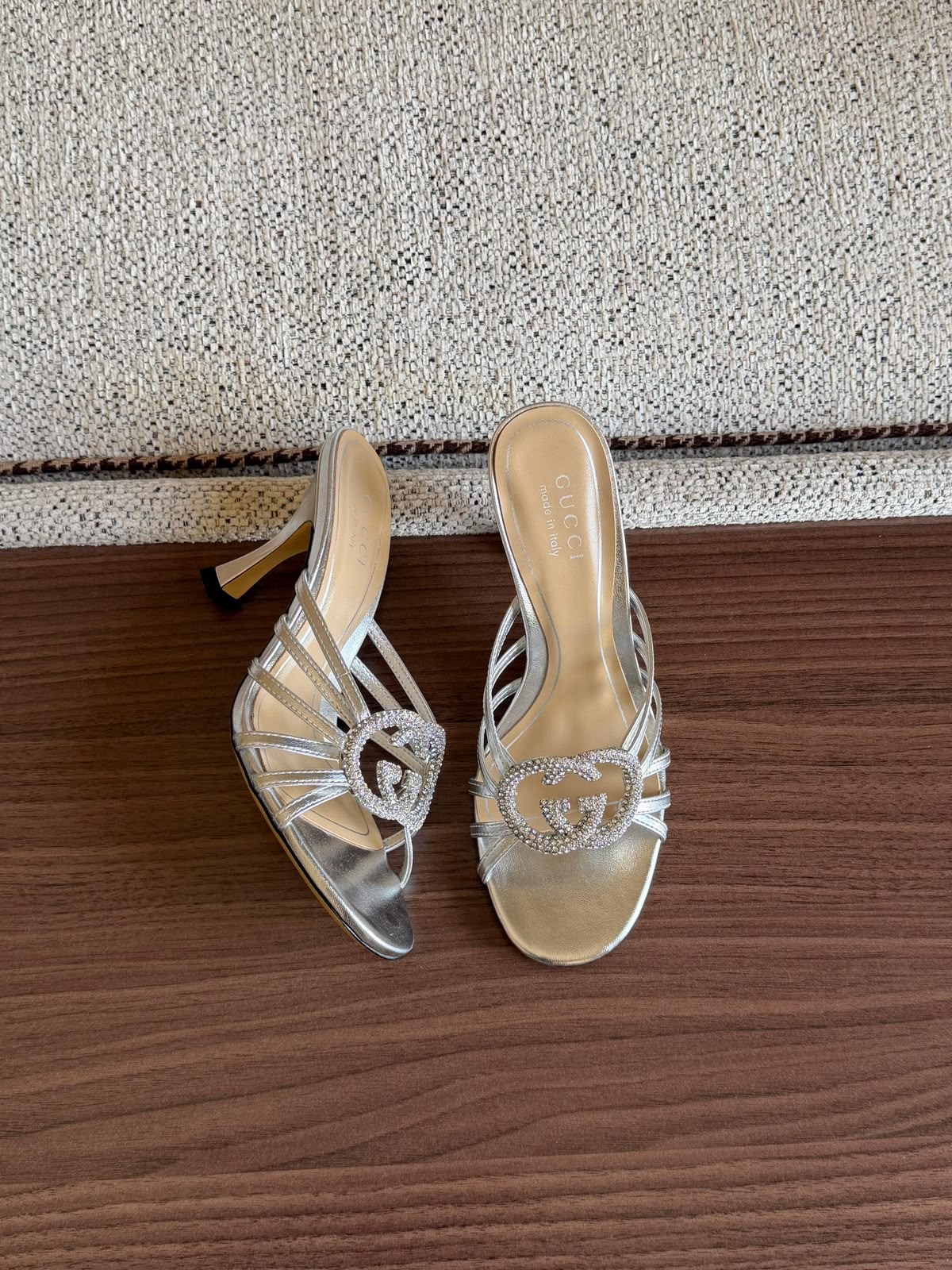 Gucci Emblem Strap Heels - Silver