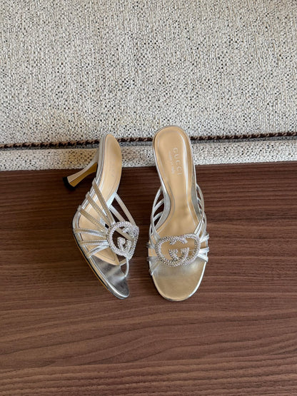 Gucci Emblem Strap Heels - Silver