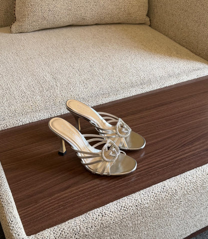Gucci Emblem Strap Heels - Silver