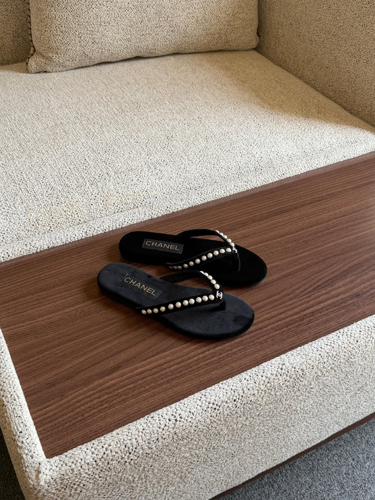 Chanel Pearl-Trim Thong Slippers - Black