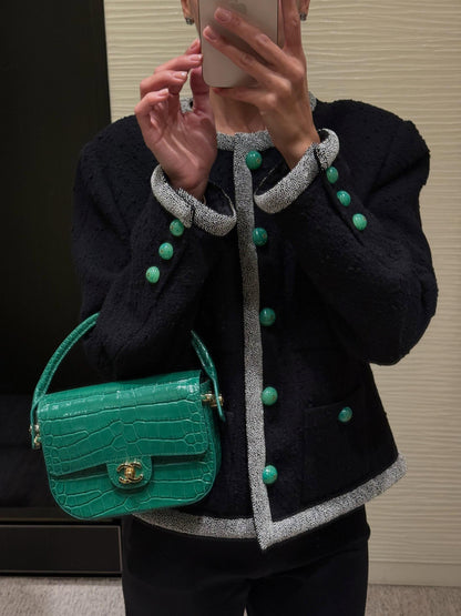 Chanel Tweed Trim Jacket - Black Embossed