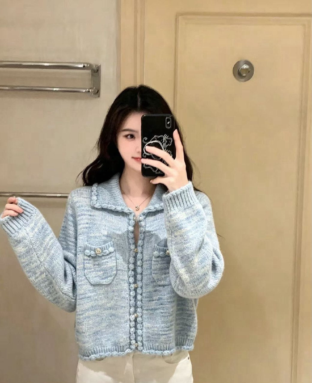 Chanel Pocket Cardigan - Light Blue, Brown