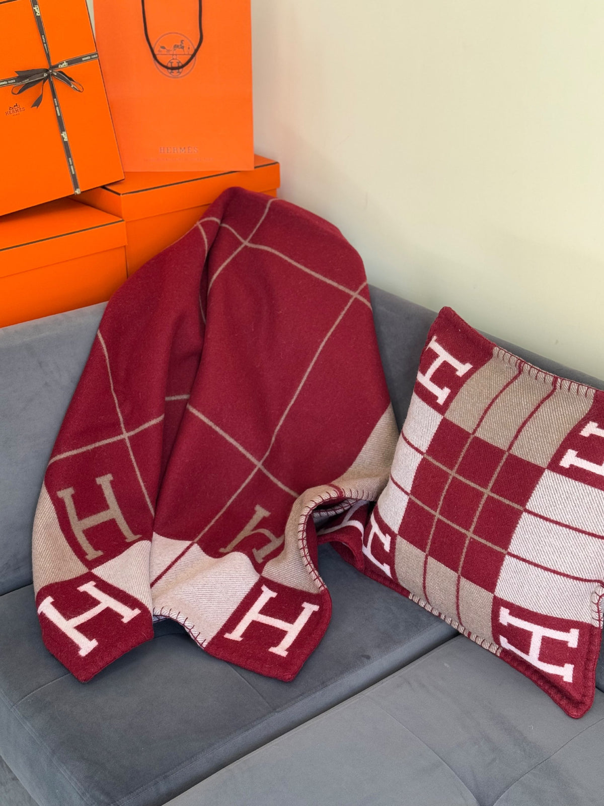 Hermès Blanket Set Windowpane - Burgundy
