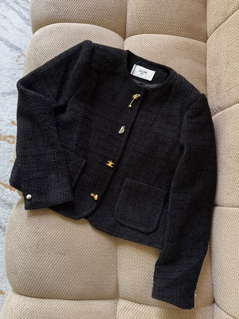 Celine Collarless Pocket Jacket - Black, White