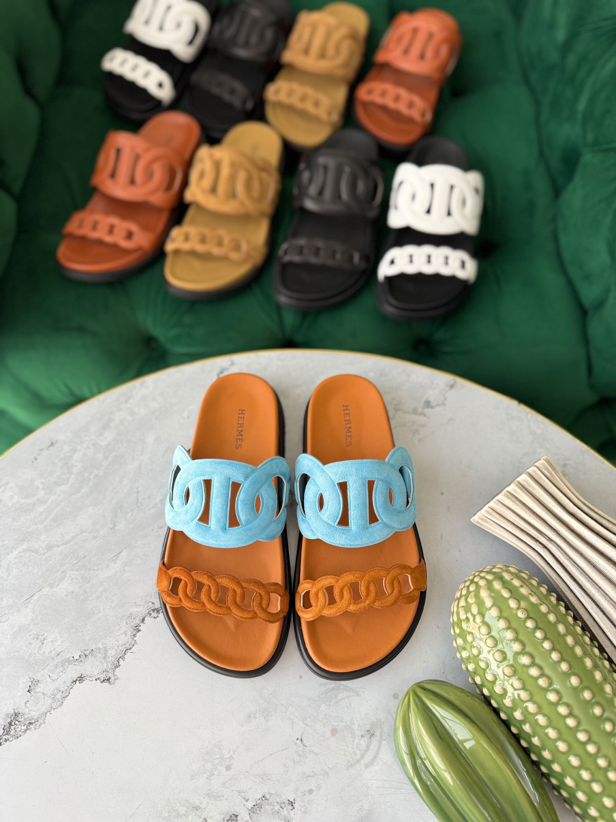 Hermès Double-Strap Slippers - Light Blue & Brown