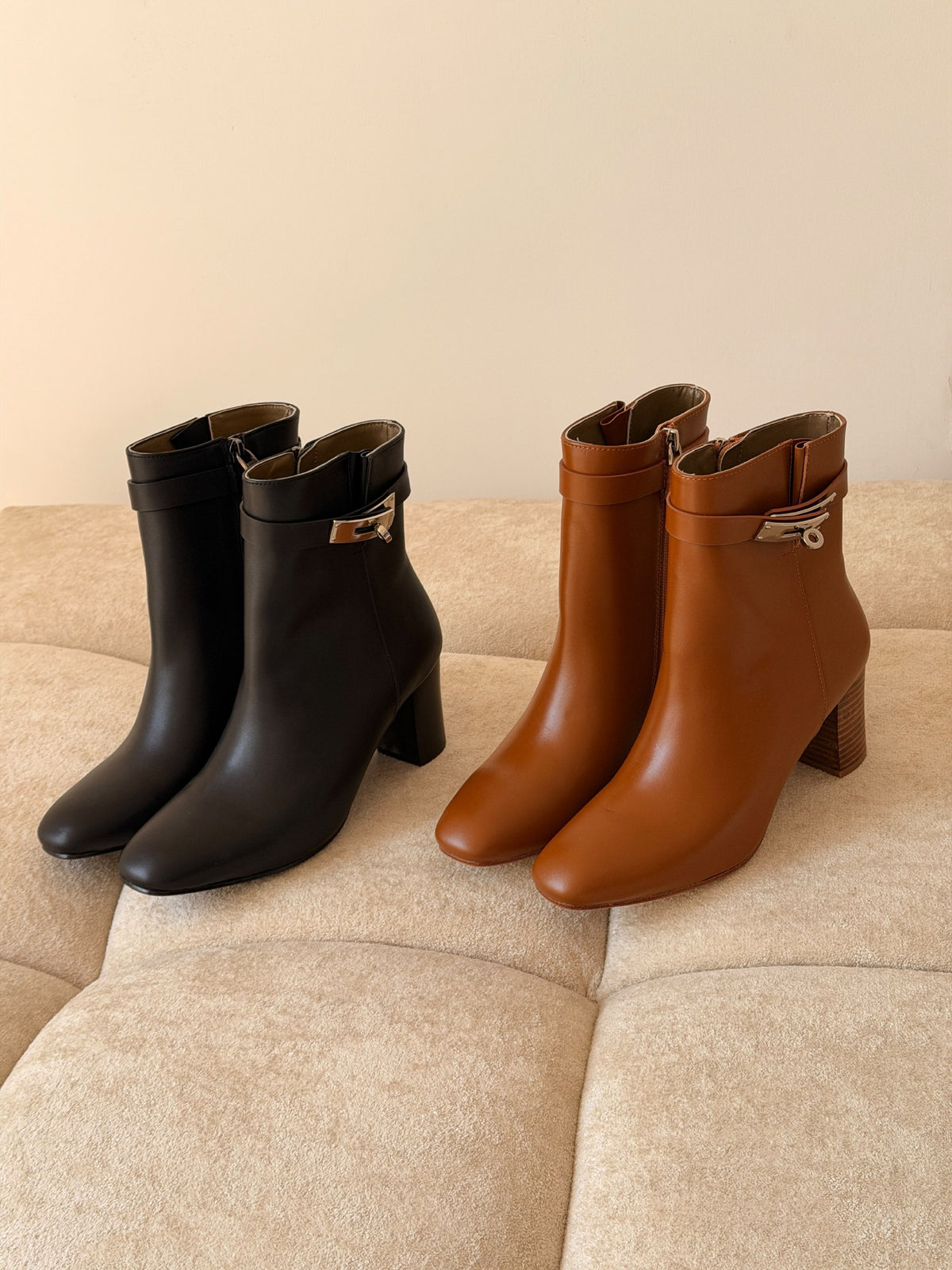 Hermes Rounded-Toe Buckle Boots - Brown, Black