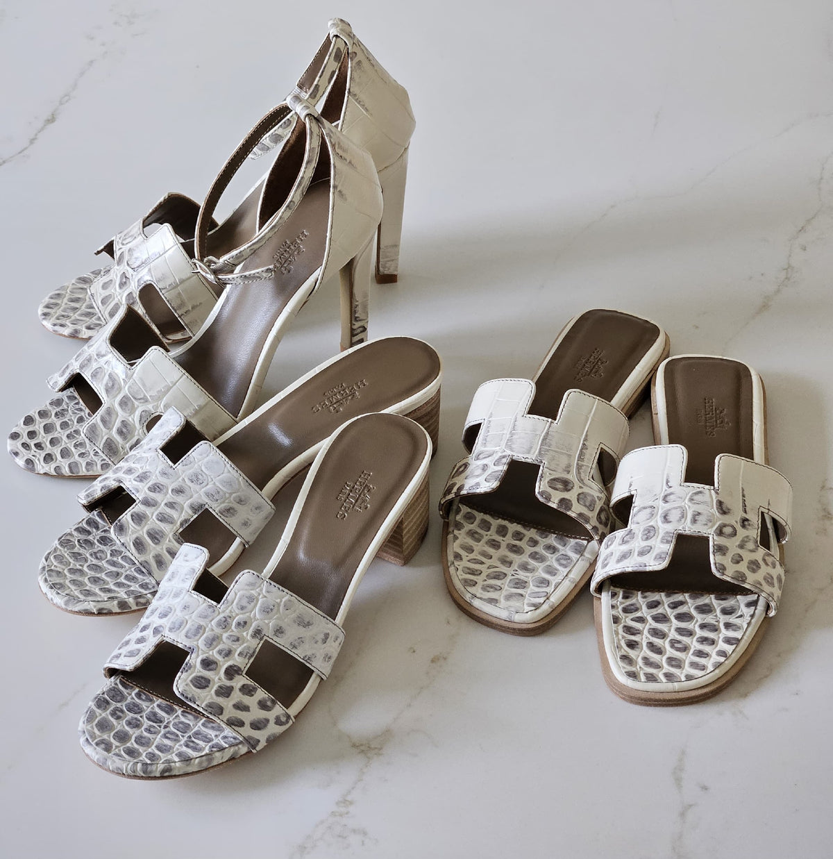 Hermes H-Strap Block Heels - White & Grey