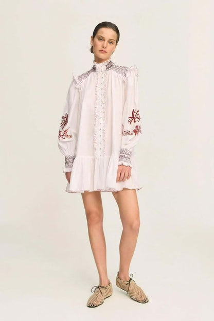 ALEMAIS High-Neck Embroidered Dress - White