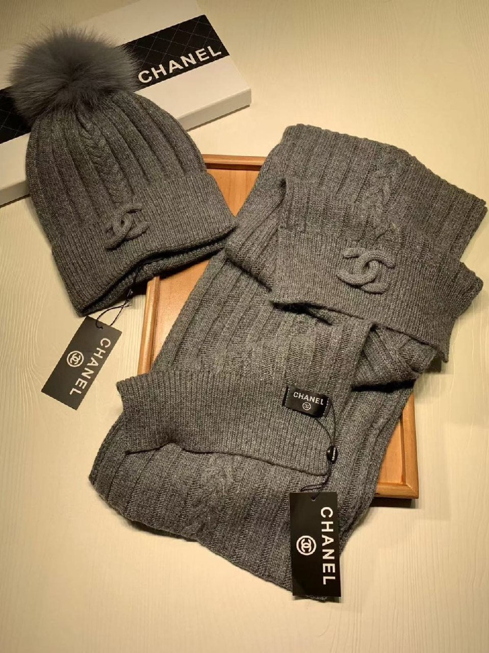Chanel Scarf & Beanie - Grey